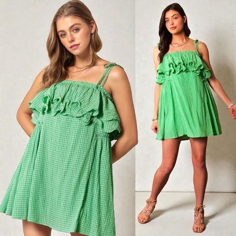 Green Textured Jacquard Checker Fabric Ruffled Dress | Davi & Dani | NWT
